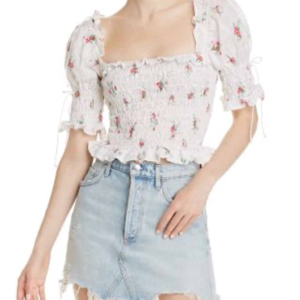For Love And Lemons Top M Women's White Eyelet Floral Cropped Parisian Boho